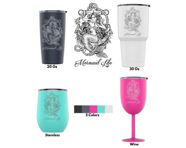 Laser Engraved Mermaid Life Stainless Steel Powder Coated Tumbler + Splash Proof Lid