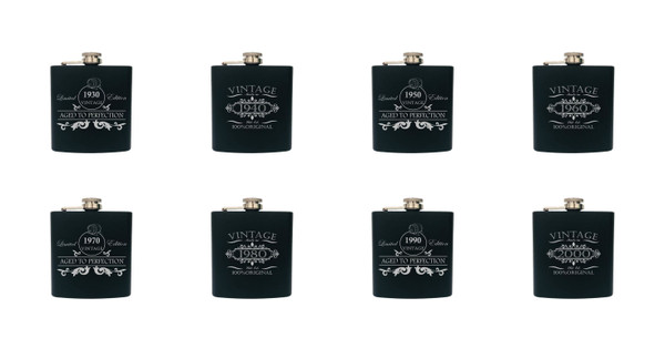 Laser Engraved Aged To Perfection Stainless Steel Powder Coated 6 Oz. Flask Boxed Set w/ Two Shot Glasses