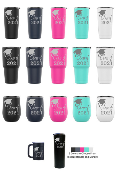 Laser Engraved CLASS OF 2021 Stainless Steel Powder Coated Tumbler + Splash Proof Lid + 2 Straws*, Triple Wall Vacuum Insulated Mug Coffee Cup Travel