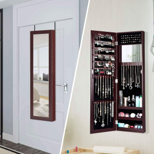 2-in-1 Dark Brown Wall or Door Mounted Jewelry Organizer Full Length Mirror Q280-BRGMCN794613752