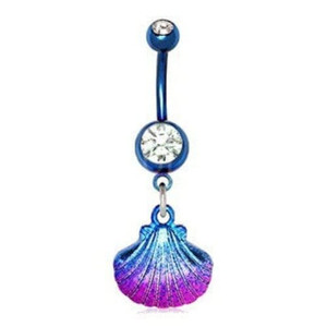 Blue PVD Plated Navel Ring with Blue & Pink Seashell Dangle T575-S0671356638