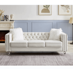 Beige, Three-seater Sofa, Velvet Crystal Buckle Upholstery Sofa, Crystal Feet, Removable Cushion, T T575-S0671291058