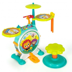 3 Pieces Electric Kids Drum Set with Microphone Stool Pedal - Color: Green D681-UY10007