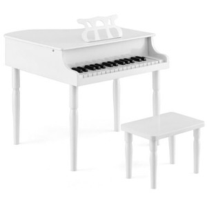 30-Key Wood Toy Kids Grand Piano with Bench and Music Rack-White - Color: White D681-MU10035WH