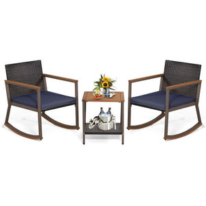 3 Pieces Rattan Rocking Bistro Set with Coffee Table and Cushions-Navy - Color: Navy D681-HW70901NY
