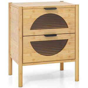 Bamboo Nightstand with 2 Storage Drawers and Reeded Tempered Glass Fronts-Natural - Color: Natural D681-JV11256NA