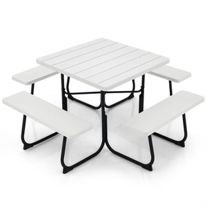 Outdoor Picnic Table with 4 Benches and Umbrella Hole-White - Color: White D681-NP11265WH+