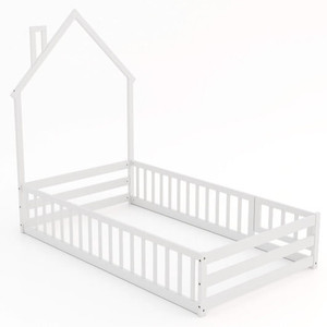 Twin Size Montessori Floor Bed with Lockable Door and Full-Length Guardrail-White - Color: White D681-HU10978WH