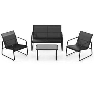 4 Pieces Outdoor Conversation Set with Tempered Glass Coffee Table-Black - Color: Black D681-NP11048BK