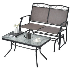 Outdoor Gliding Loveseat Chair with Tempered Glass Coffee Table-2 Pieces - Color: Brown D681-NP10952BN-1