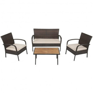 4 Pieces Patio Cushioned Wicker Conversation Set with Acacia Wood Tabletop - Color: Brown D681-HW67768