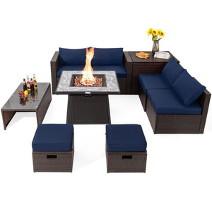 9 Pieces Patio PE Wicker Sectional Set with 50000 BTU Fire Pit Table-Navy - Color: Navy D681-NP10262DK+HW68592NY+