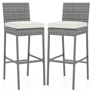 Set of 2/4 Patio Wicker Barstools with Soft Seat Cushion and Cozy Footrest-Set of 2 - Color: Gray D681-HW72976-2