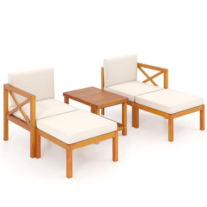 5 Pieces Acacia Wood Patio Lounge Chair Set with Ottomans and Cushions-White - Color: White D681-HW72989WH+