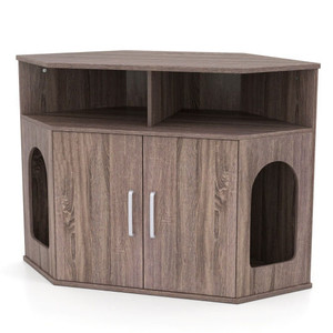 Corner Cat Litter Box Enclosure with Storage Shelves and Double Doors-Gray - Color: Gray D681-PV10329GR