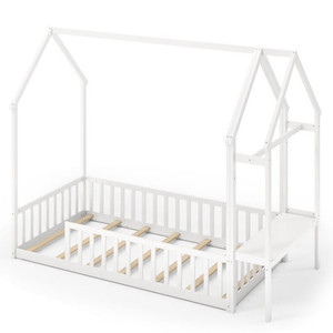 Twin House Floor Bed Montessori Bed Frame with Storage Shelf-White - Color: White D681-HU10998WH