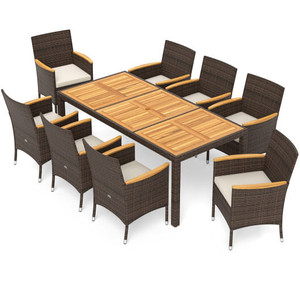 9 Piece Outdoor Dining Set with Acacia Wood Table Top-Beige - Color: Beige D681-HW73184WH+