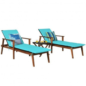 3 Pieces Portable Patio Cushioned Rattan Lounge Chair Set with Folding Table-Turquoise - Color: Tur D681-OP70650TU
