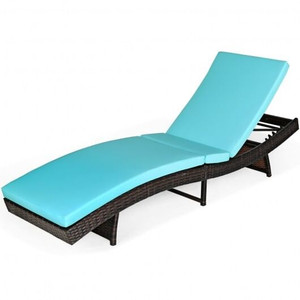 Patio Folding Adjustable Rattan Chaise Lounge Chair with Cushion-Turquoise - Color: Turquoise D681-OP70693TU