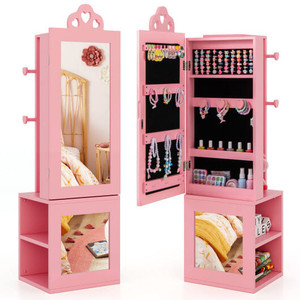 3-in-1 Freestanding Kids Jewelry Cabinet Armoire with Full Length Mirror-Pink - Color: Pink D681-HY10316PI