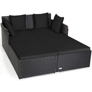 Spacious Outdoor Rattan Daybed with Upholstered Cushions and Pillows-Black - Color: Black D681-HW72537DK