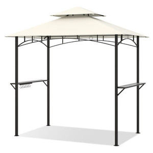 Outdoor Double-Tiered Grill Gazebo Canopy with 2 Shelves and 7 Hooks-Beige - Color: Beige D681-NP12041BE