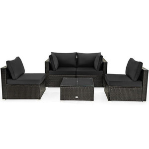 5 Pieces Cushioned Patio Rattan Furniture Set with Glass Table-Black - Color: Black D681-HW68691BDK+