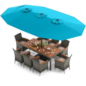 10 Pieces Patio Wicker Dining Set with 15 Feet Double-Sided Patio Umbrella-Turquoise - Color: Turqu D681-NP10209GN+HW71816+