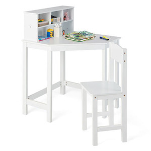 Kids Wooden Corner Desk and Chair Set with Hutch and Storage-White - Color: White D681-HY10118WH