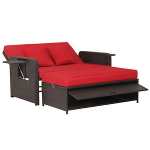 Patio Rattan Daybed with 4-Level Adjustable Backrest and Retractable Side Tray-Red - Color: Red D681-HW70644RE+