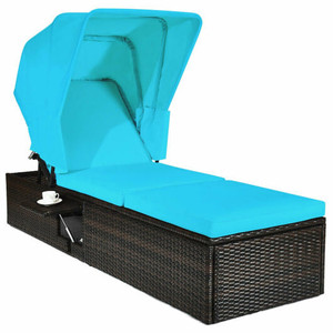 Outdoor Chaise Lounge Chair with Folding Canopy-Turquoise - Color: Turquoise D681-HW68260TU+