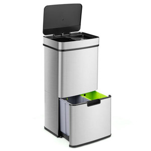 19 Gal Stainless Steel Trash Can with Kitchen Waste Bin and 2 Bottom Recycling Bins-Silver - Color: D681-GY10018SL