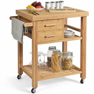 Bamboo Kitchen Trolley Cart with Tower Rack and Drawers - Color: Natural D681-KC53113
