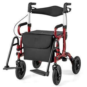 2-in-1 Foldable Rollator Walker with Seat abd 9 Inch Pneumatic Tires for Seniors-Red - Color: Red D681-JH10028RE