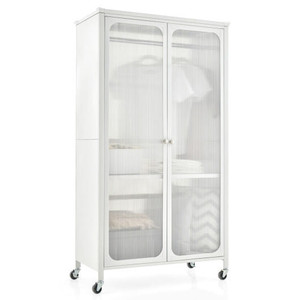 Rolling Storage Armoire Closet with Hanging Rod and Adjustable Shelf-White - Color: White D681-HU10441WH