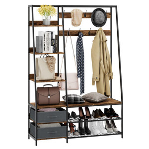 6-in-1 Freestanding Hall Tree Coat Rack with Bench and Fabric Dressers-Rustic Brown - Color: Rustic D681-HU10246CF