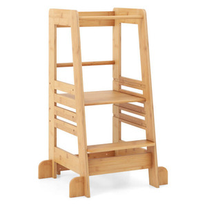 Bamboo Kids Kitchen Step Stool with Adjustable Height and Safety Rails-Natural B593-HY10370