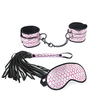 Spartacus Faux Leather Wrist Restraints Blindfold & Flogger Bondage Kit - Pink X615-SPU-115PK