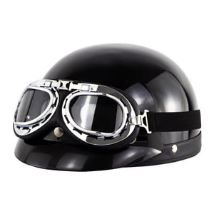 Retro Style Sunscreen  Helmet Half Helmet With Goggles For Motorcycle Electric Bike Bright Black K484-PAU_0CKPPQ8X