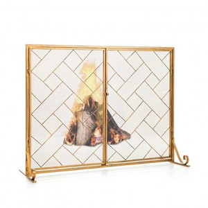 3-Panel Folding Wrought Iron Fireplace Screen with Doors and 4 Pieces Tools Set-Golden - Color: Gol D681-JV10066CF