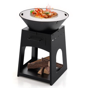 Patio Fire Pit with Firewood Log Rack with Grill and Ash Box-Black B593-NP11478