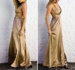 Color: Khaki, Size: USA L - USA SIZE Sexy Deep V-neck Halter Beach Dress Solid Color Bandage Long D Q119-CJNSSYLY00459-Khaki-USA L