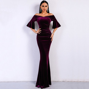 Elegant strapless large V-neck flared sleeves temperament party red carpet dress Q119-CJNSSYLY01864