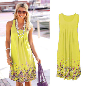 Color: Yellow, Size: XL - Sleeveless Floral Print Loose Summer Dress Fashion Casual Women Dress Q119-CJNSSYLY02066-Yellow-XL