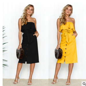 tube top ruffled button dress summer solid color Q119-CJNSSYLY00242