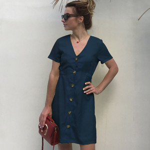 USA SIZE New women's solid color V-neck slim single-row button dress Q119-CJNSSYLY00402