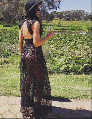 Color: Black, Size: M - ss Backless Dress Elegant Christmas Maxi Long Dress Vestidos Q119-CJNSSYLY01539-Black-M