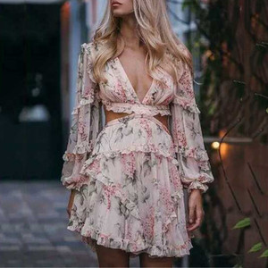 Deep V-neck back strap long sleeve mini print dress Q119-CJNSSYLY01785