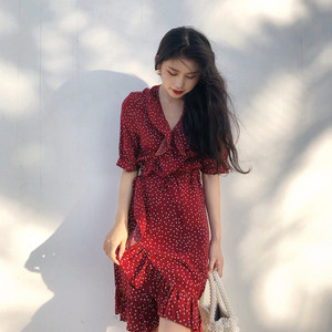 Color: Red, Size: M - Printed Polka Dot Long Skirt Strap Bow Small Sweet Dress Q119-CJNSSYLY01764-Red-M