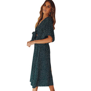 Color: Blackish green, Size: XL - Printed Polka Dot Long Skirt Strap Bow Small Sweet Dress Q119-CJNSSYLY01764-Blackish green-XL